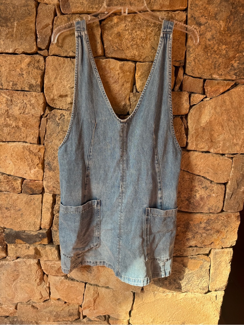 We The Free Light Blue Denim Mini Pinafore Dress